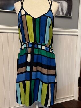 Lush Dress Unique Blue Green Black Geometric Sleeveless Dress